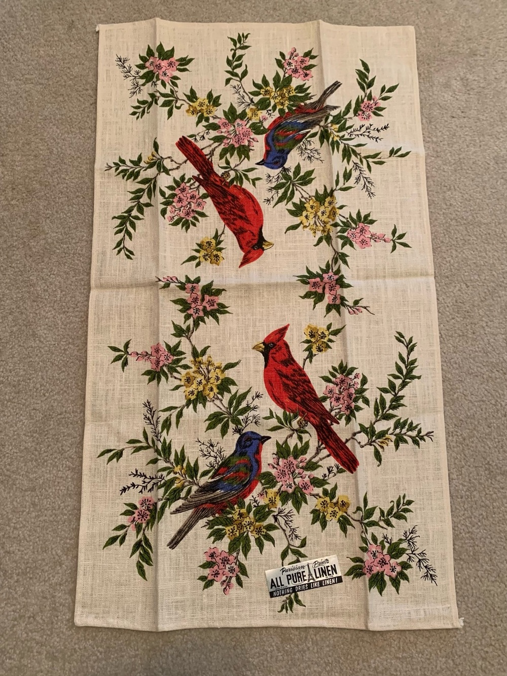 Vintage NWT MCM “Parisian Prints” Pure Linen Tea Dish Towel Cardinal Birds